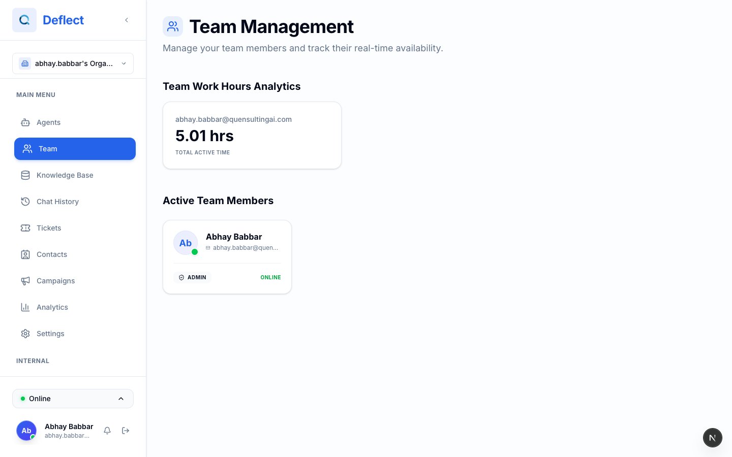 Team management page showing team members with online status