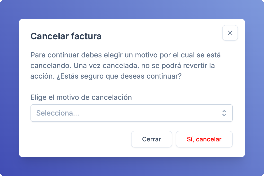 Modal para cancelar una factura timbrada