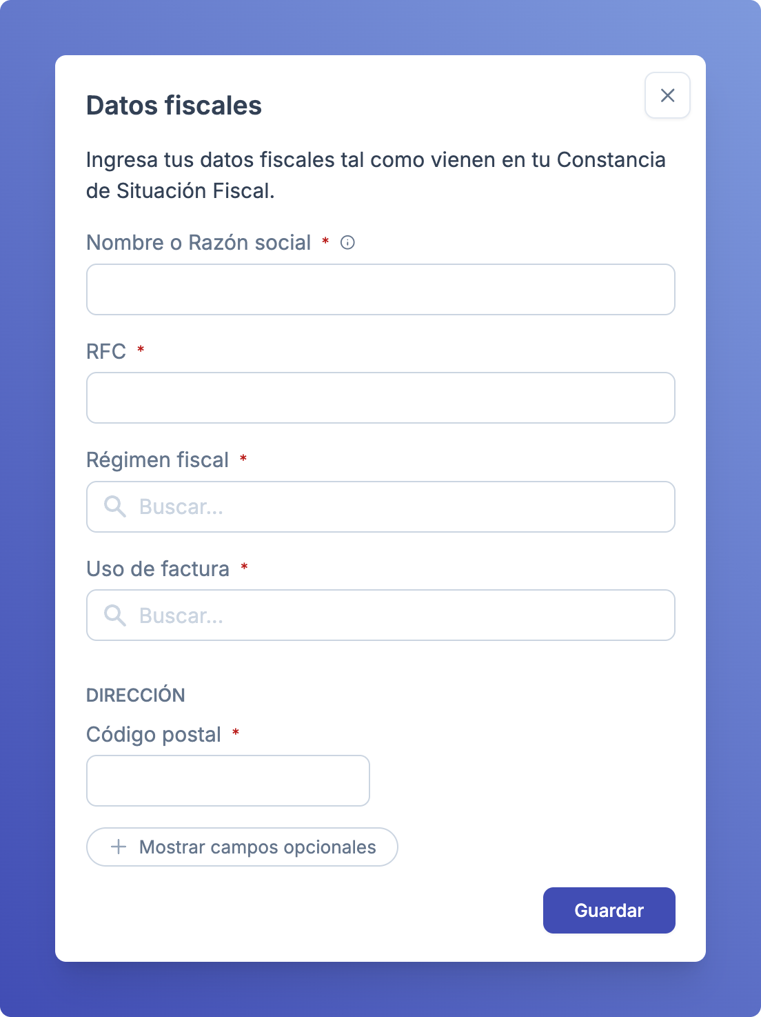 Modal para ingresar datos fiscales de un cliente