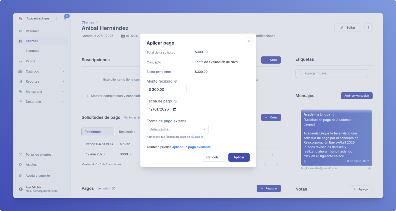 Ventana de aplicar pago
