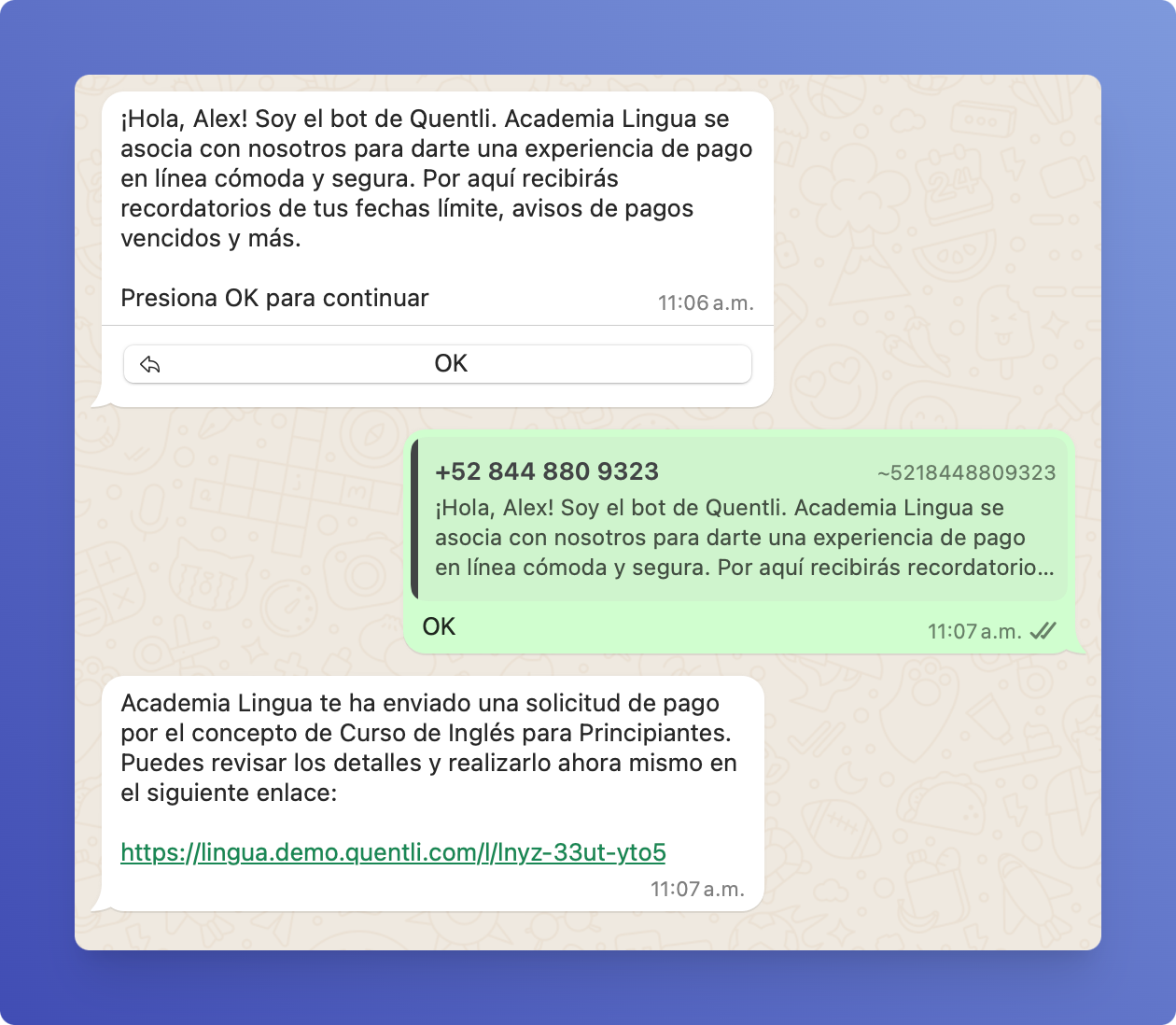 Ejemplo de mensaje de solicitud de pago