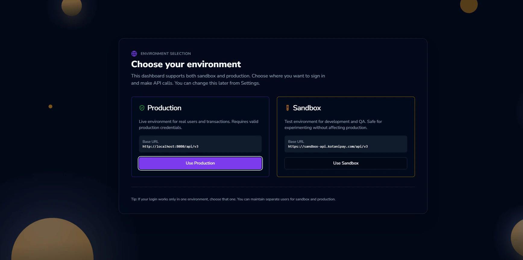 Environment gate shown on first login — choose Sandbox or Production