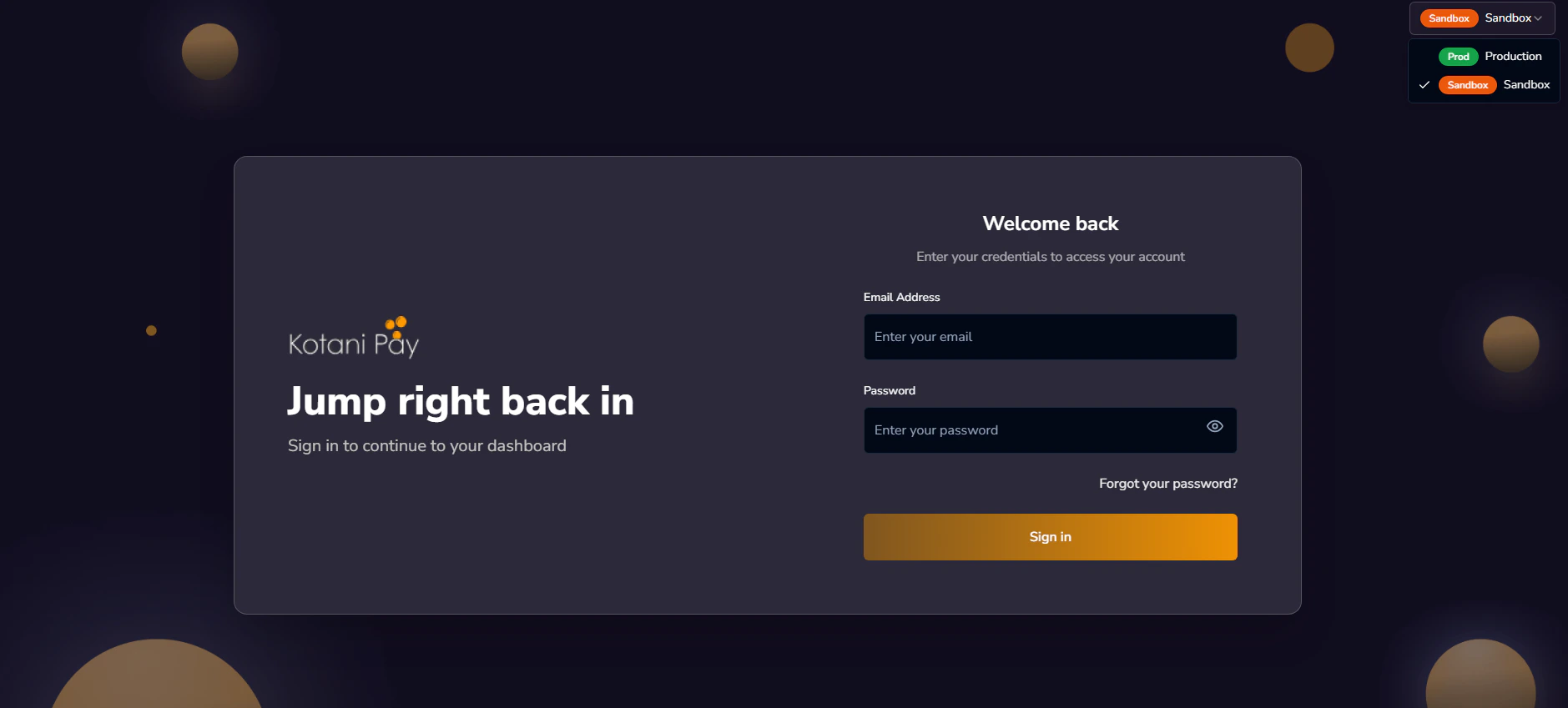Environment selector in the top right of the dashboard