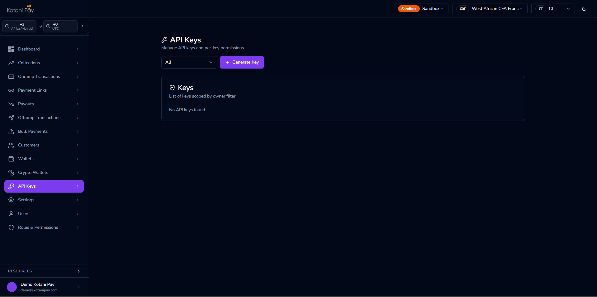 API Keys section in the dashboard