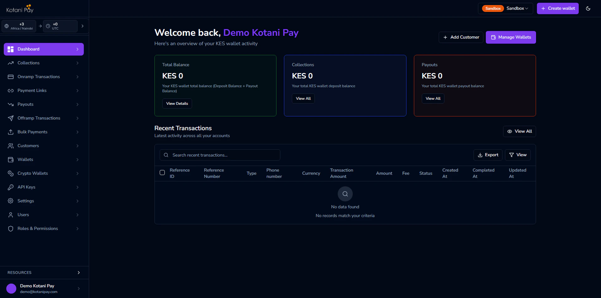 Dashboard home with left sidebar navigation