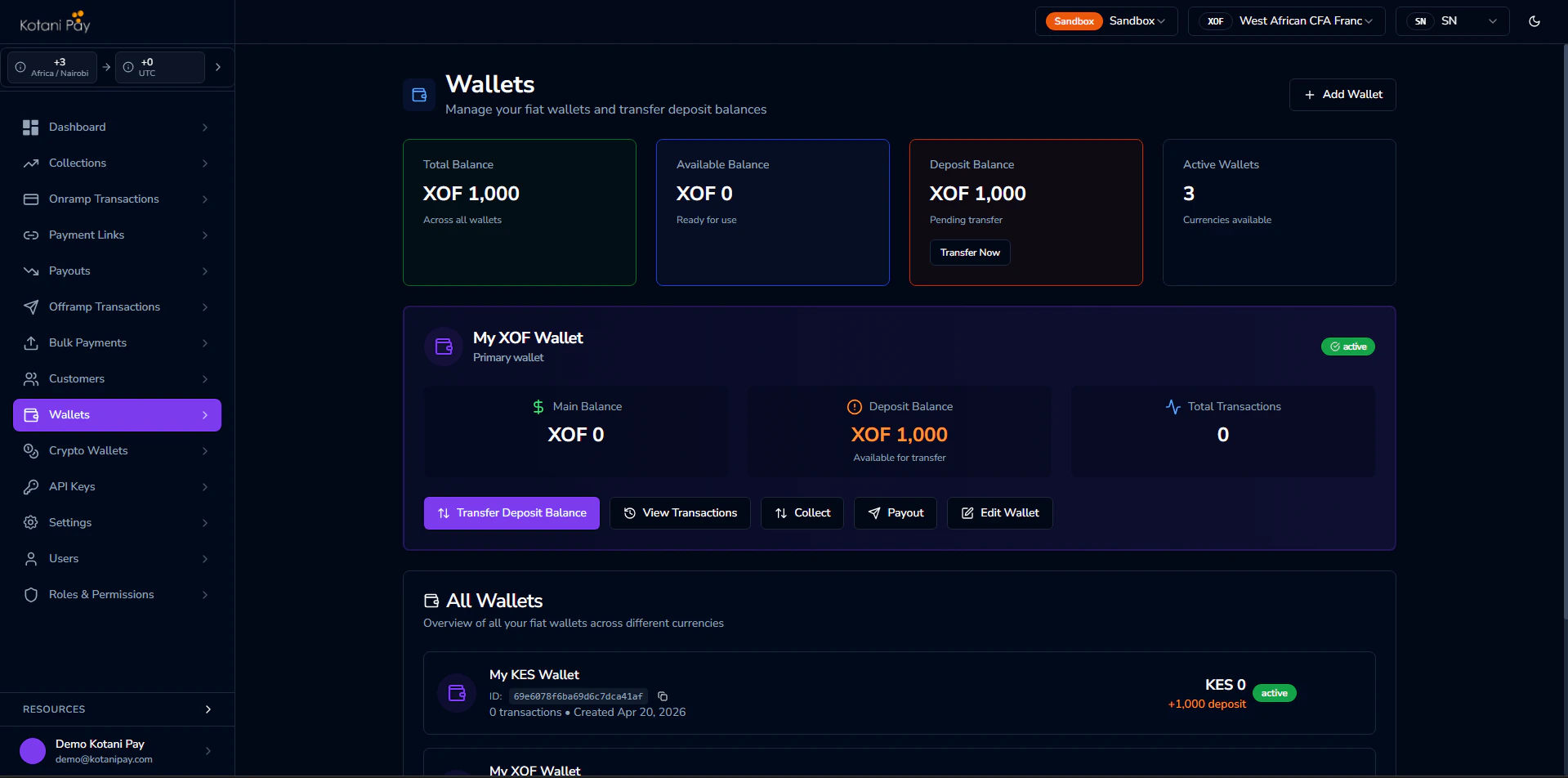 Transfer Deposit Balance button on fiat wallet card