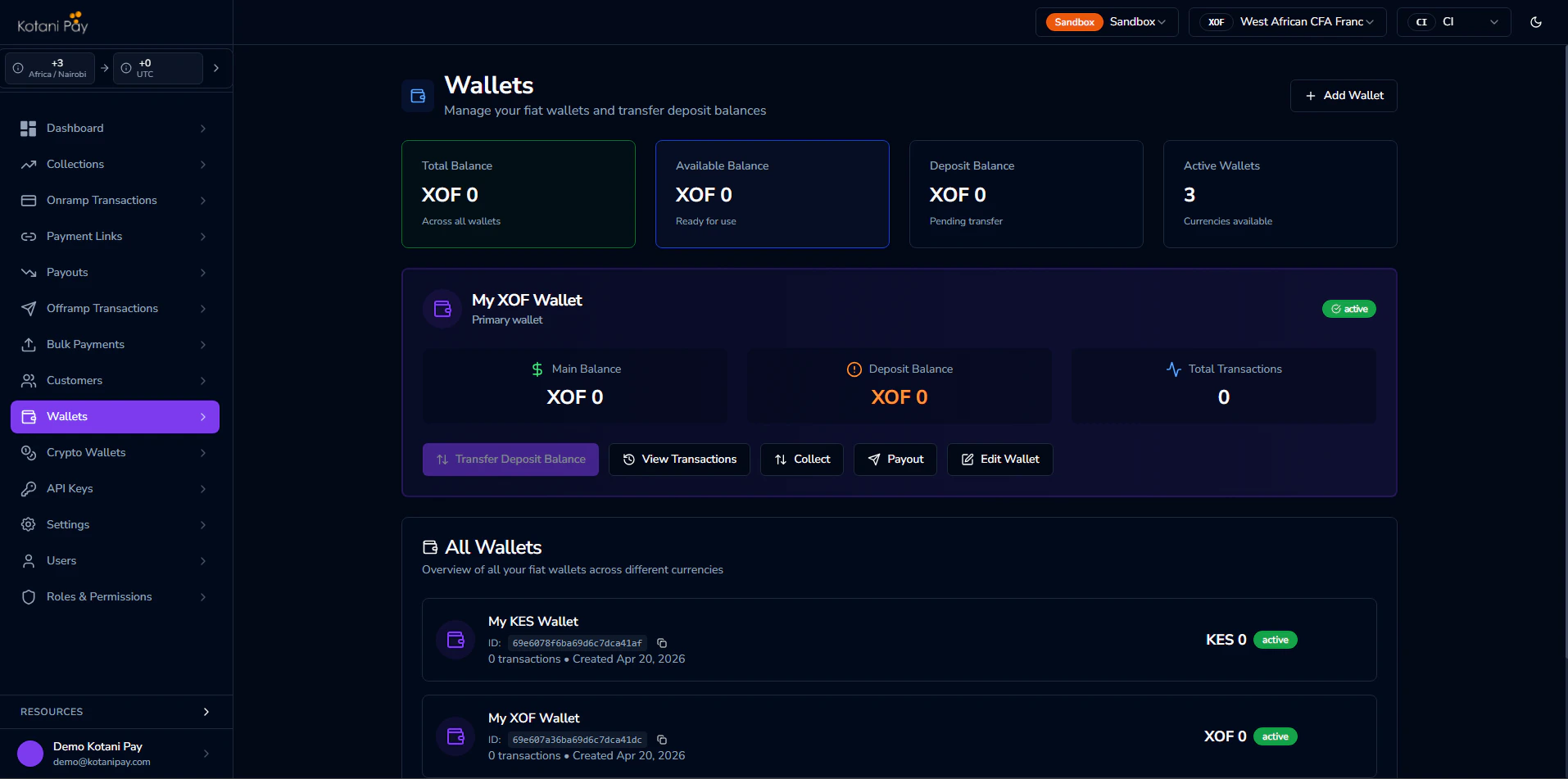 Fiat Wallets page showing deposit and payout balances per currency