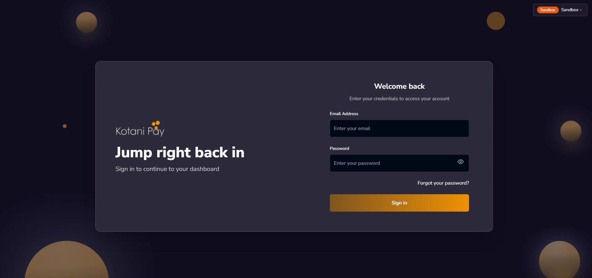 Dashboard login screen with email and password fields