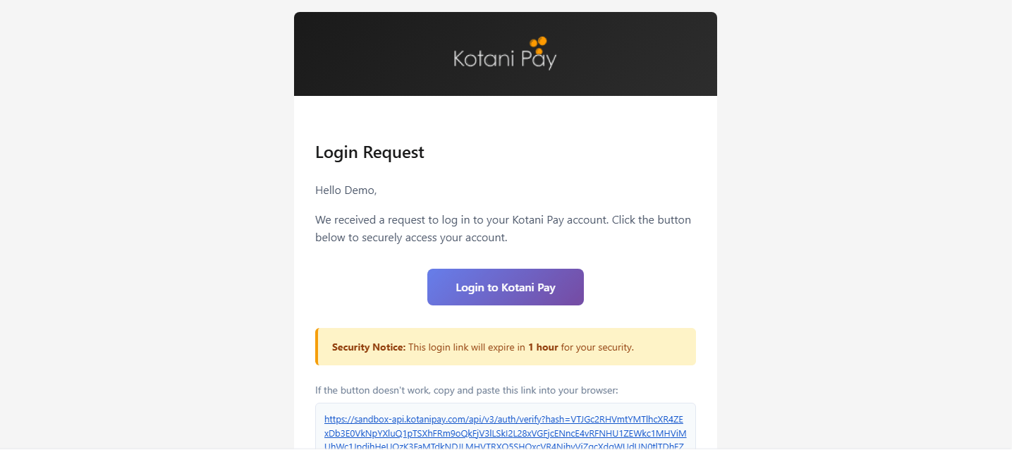 Magic link login email from Kotani Pay