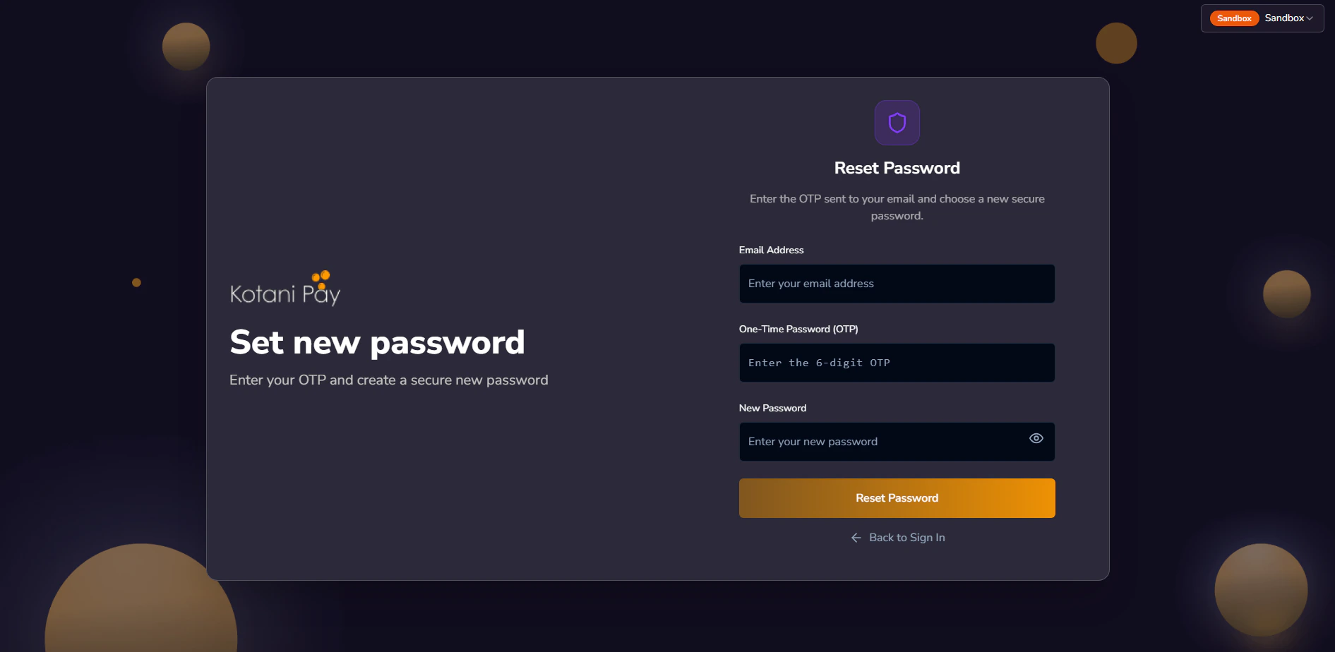 OTP email from Kotani Pay showing the 6-digit code