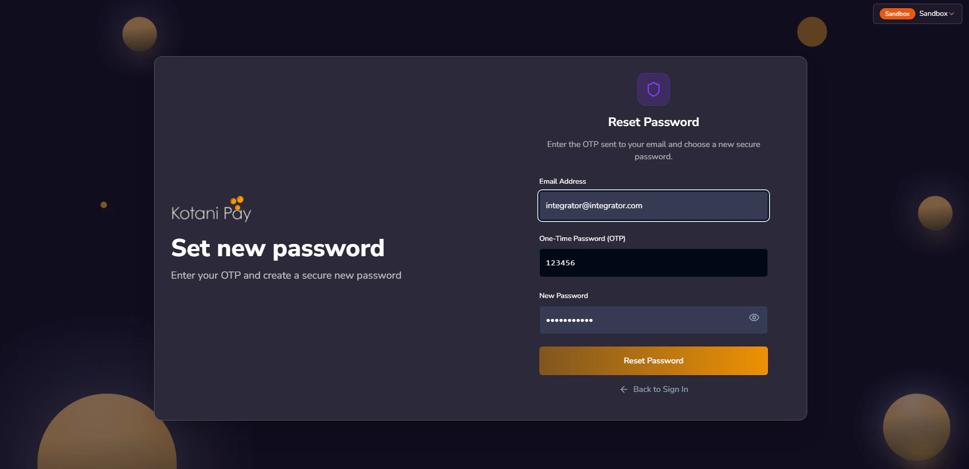 Form to enter OTP and set new password
