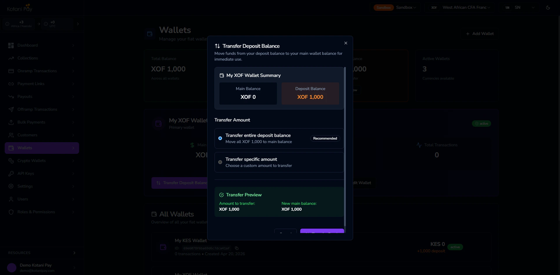 Transfer Deposit Balance button on fiat wallet card