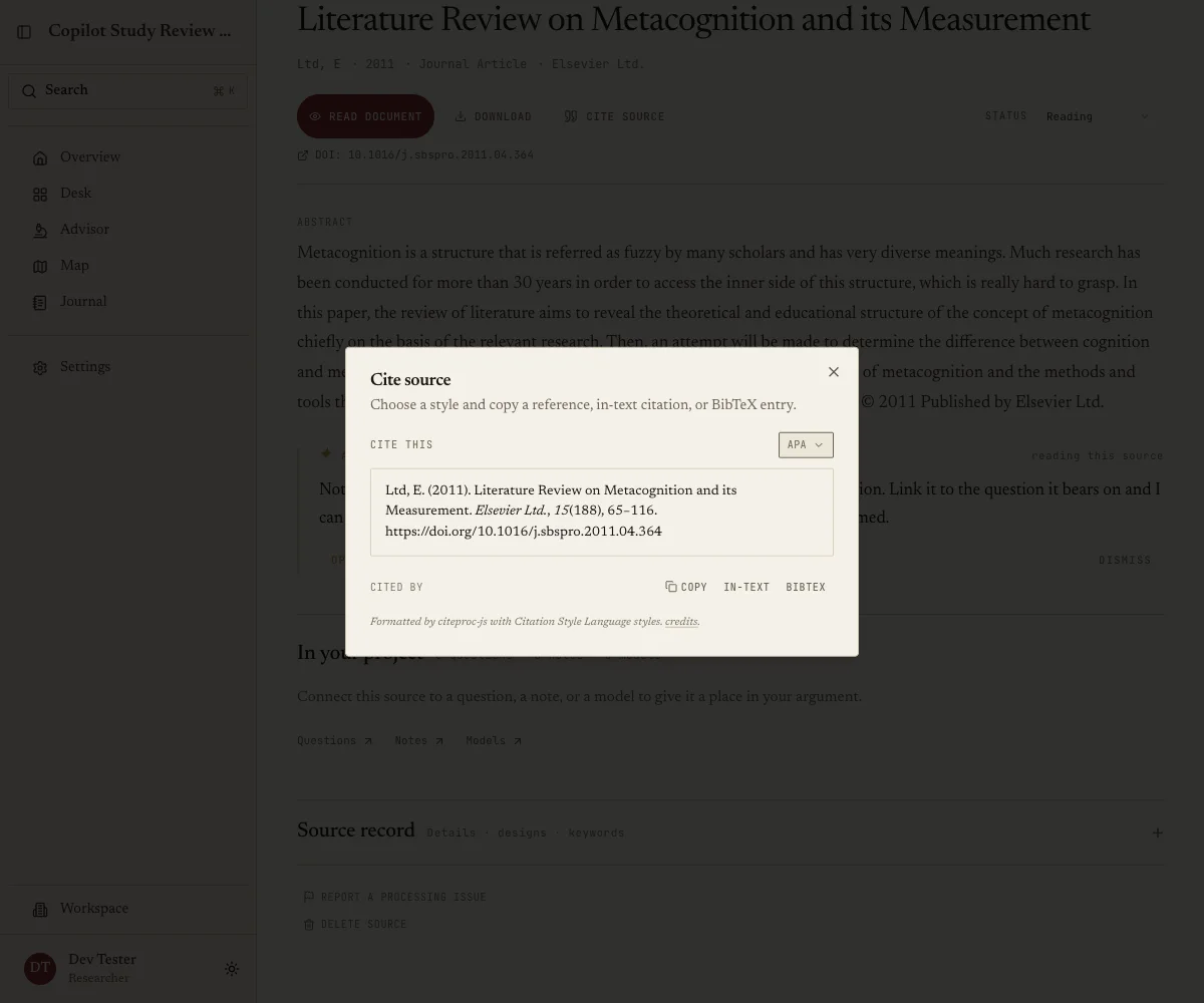 Cite source dialog with a citation-style picker and reference, in-text, and BibTeX copy actions.