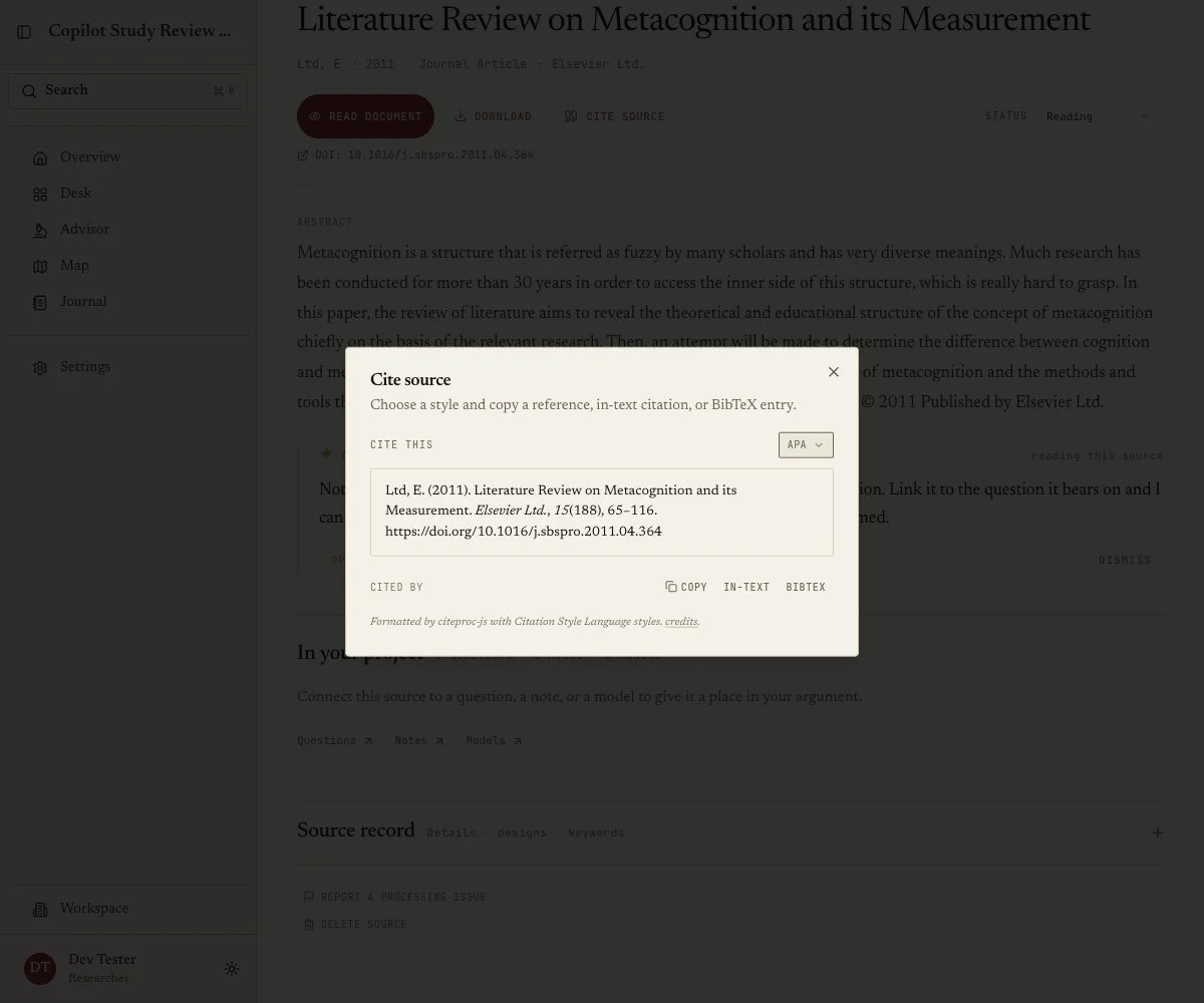Cite source dialog with a citation-style picker and reference, in-text, and BibTeX copy actions.