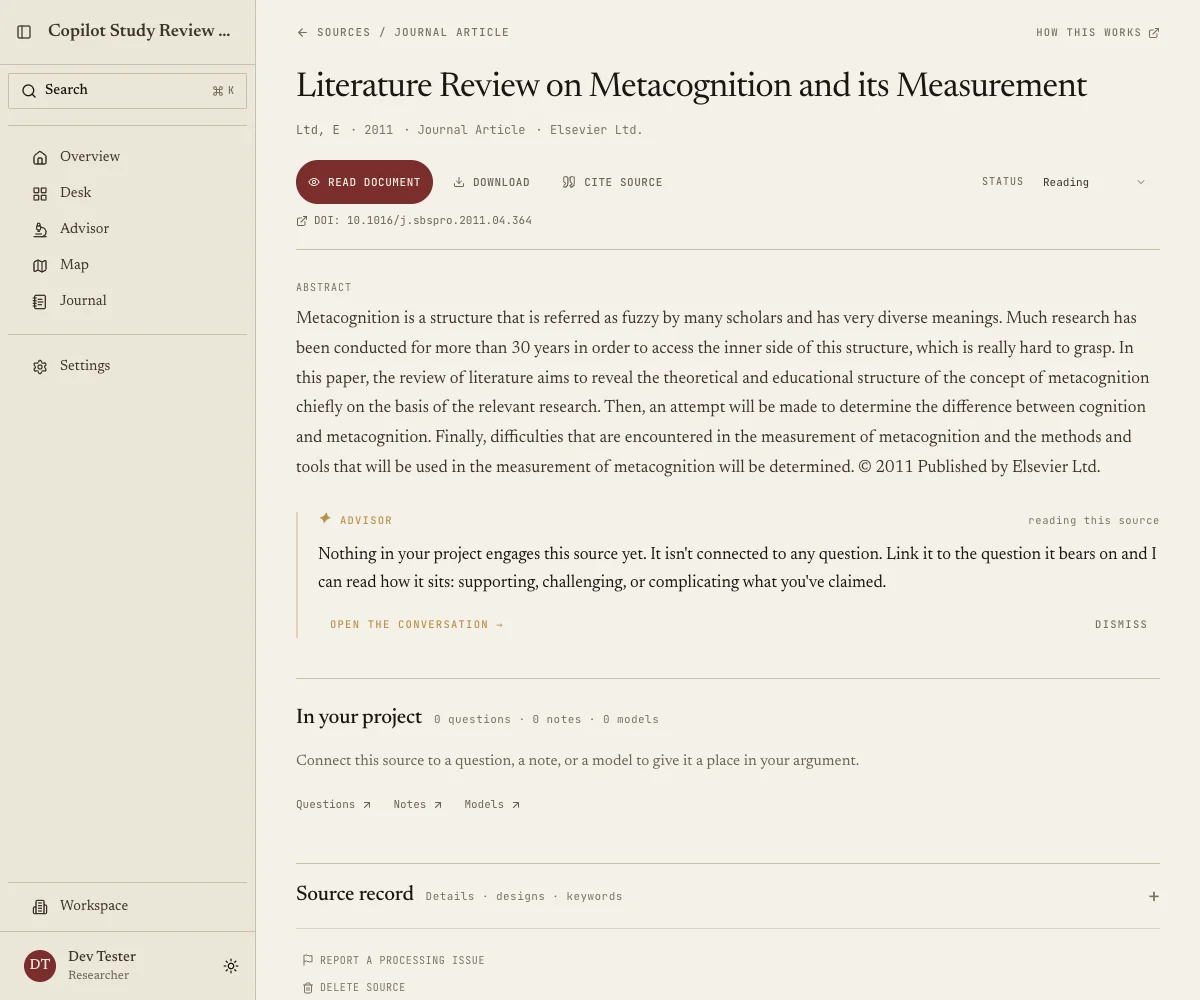 Source detail with document, citation, and reading-status actions below the title, followed by the abstract, advisor commentary, and project connections.
