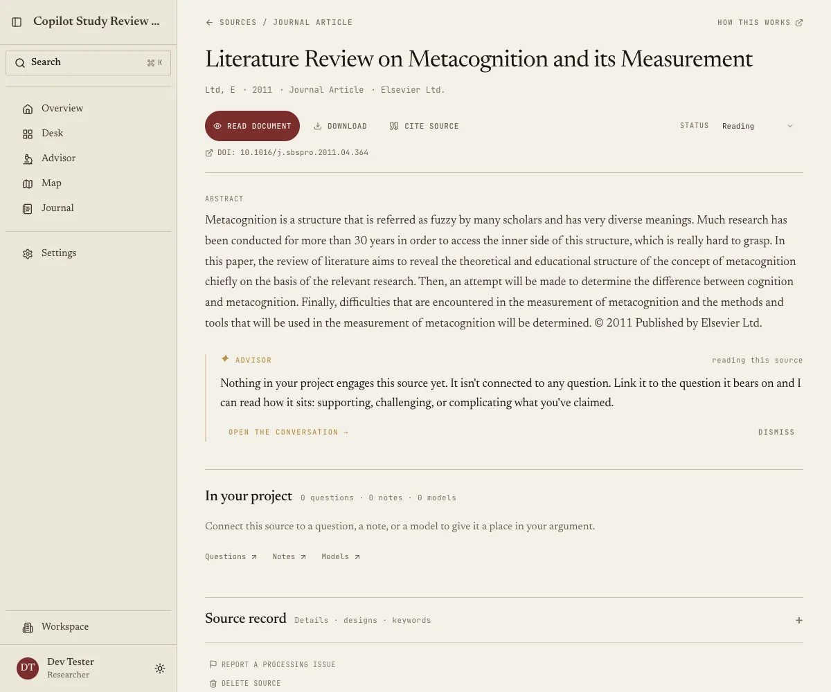 Source detail with document, citation, and reading-status actions below the title, followed by the abstract, advisor commentary, and project connections.