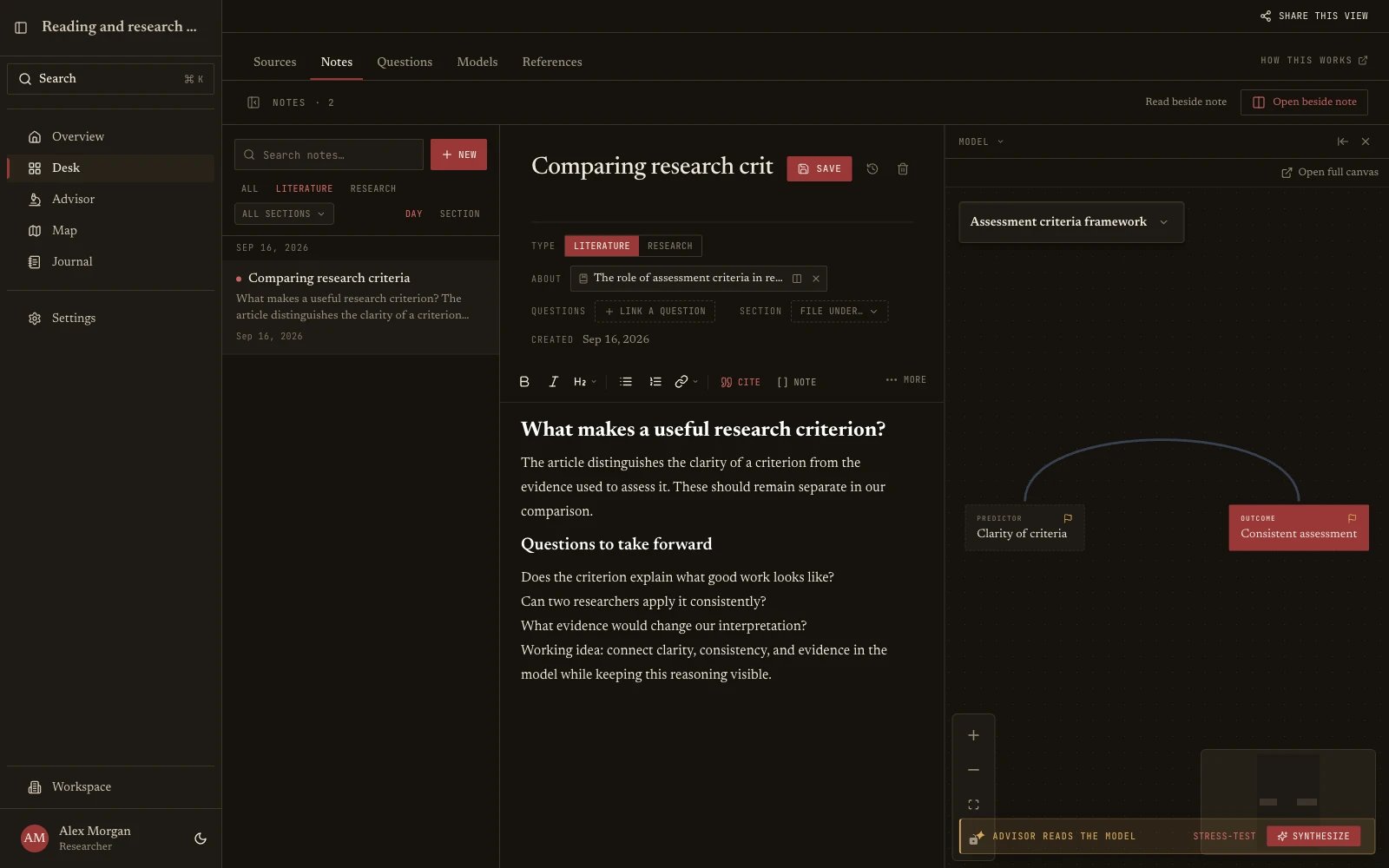 An editable research model open beside a note in Quester.