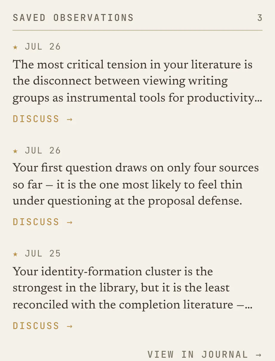 The saved-observations list in the context panel: dated, starred observations, each with a Discuss link.
