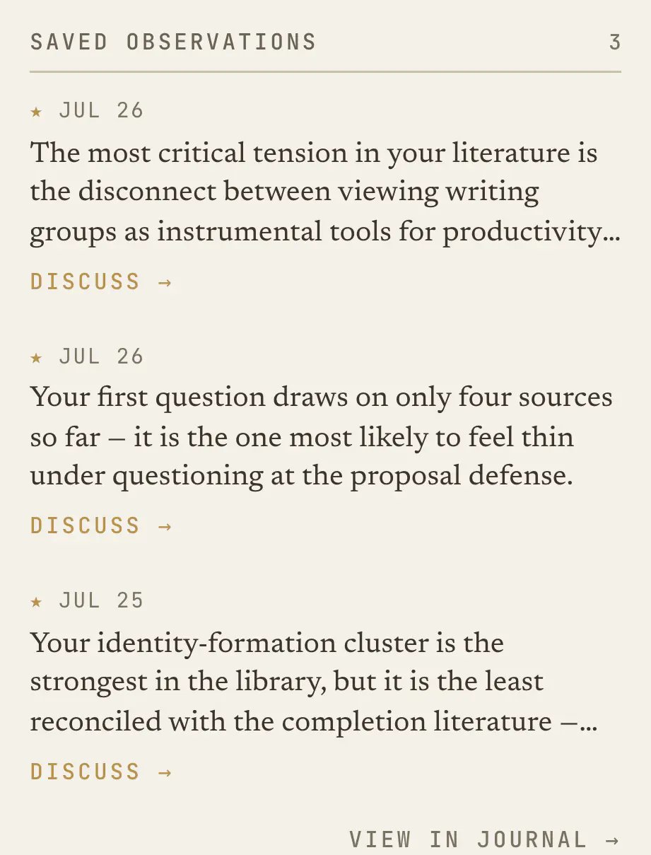 The saved-observations list in the context panel: dated, starred observations, each with a Discuss link.