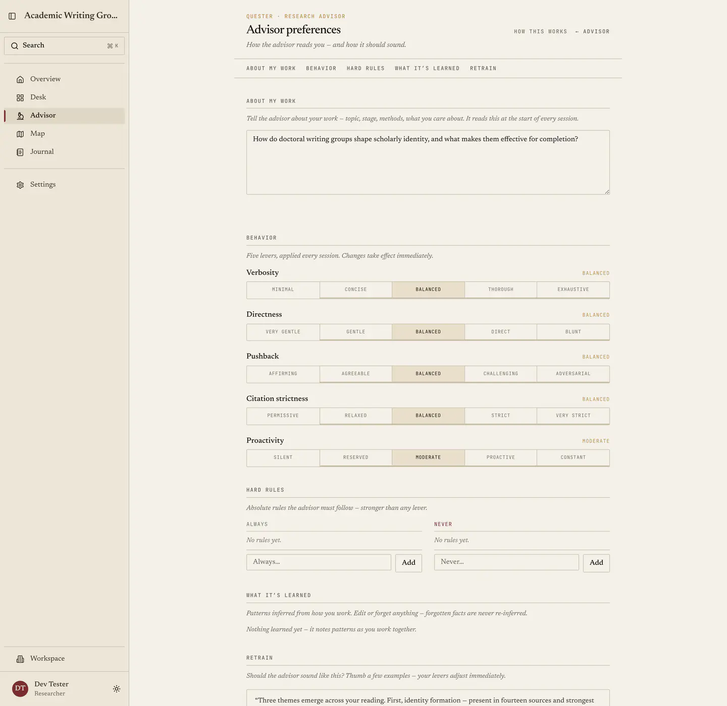 The advisor preferences page: the about-my-work statement, the five behaviour levers, and the hard rules below.