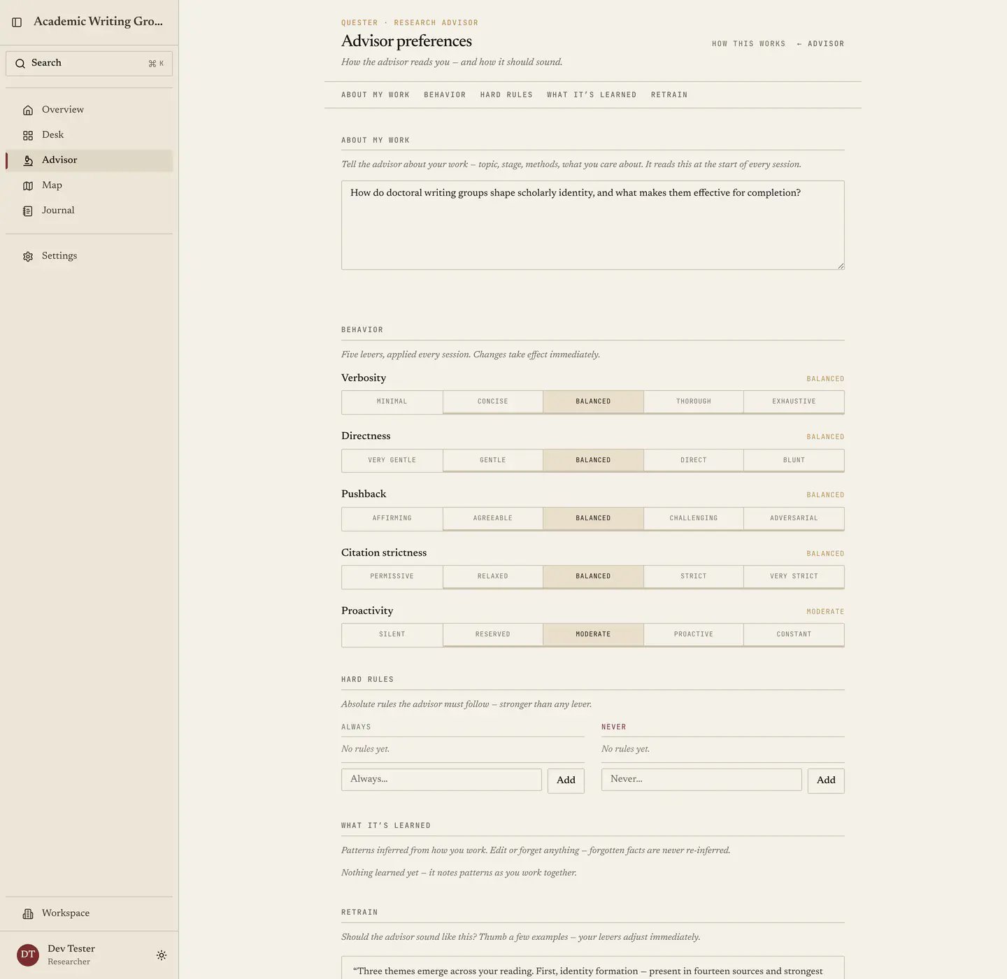 The advisor preferences page: the about-my-work statement, the five behaviour levers, and the hard rules below.