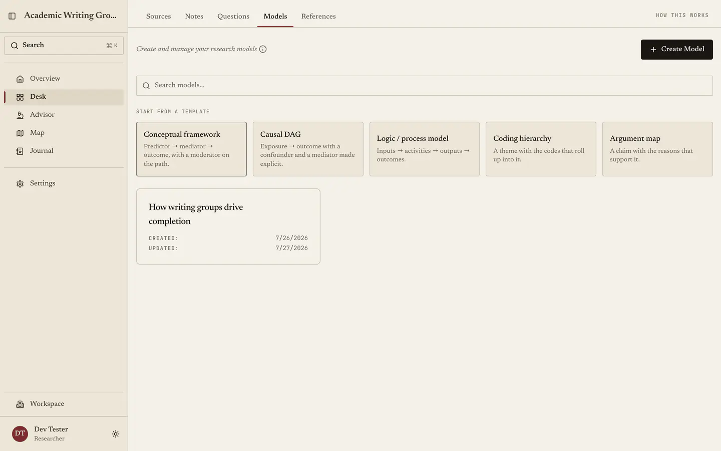 The Models tab showing the five starting templates above the project's saved models.