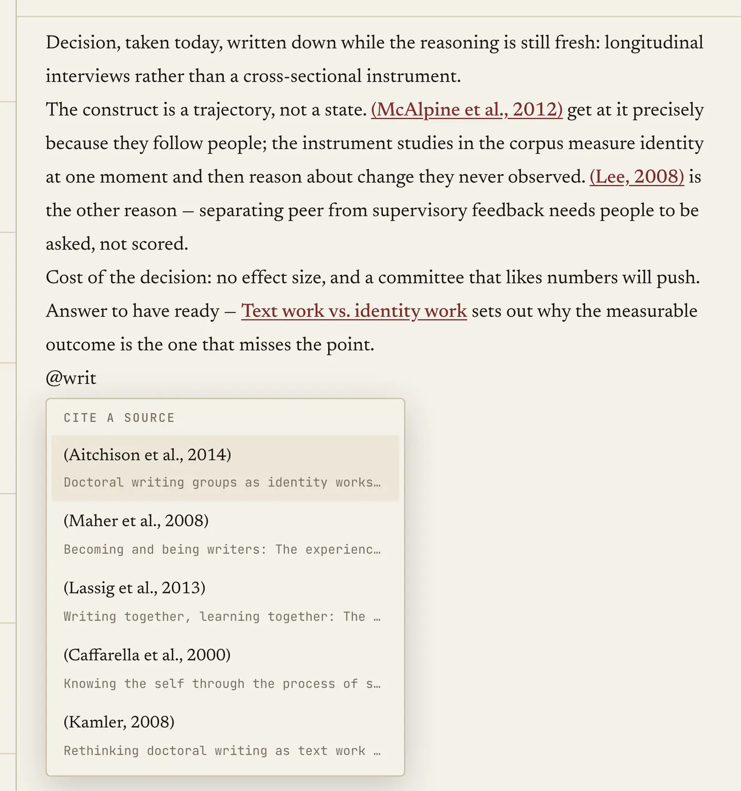 A research note with two live citations in its text and a note link, and the @ picker open below listing sources as in-text citations.