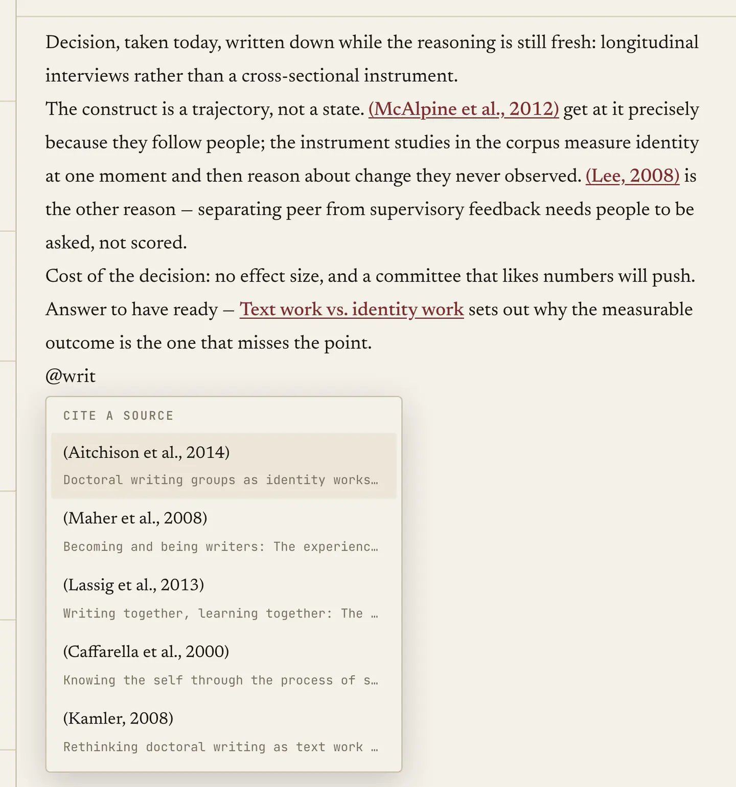 A research note with two live citations in its text and a note link, and the @ picker open below listing sources as in-text citations.