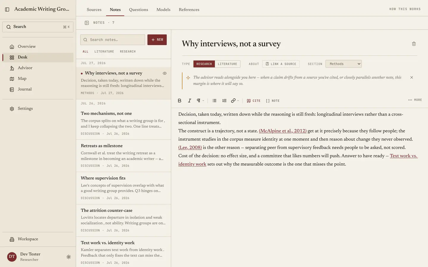 A literature note open in the editor, linked to its source, with the advisor margin above the toolbar.