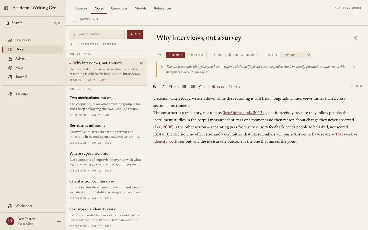 A literature note open in the editor, linked to its source, with the advisor margin above the toolbar.