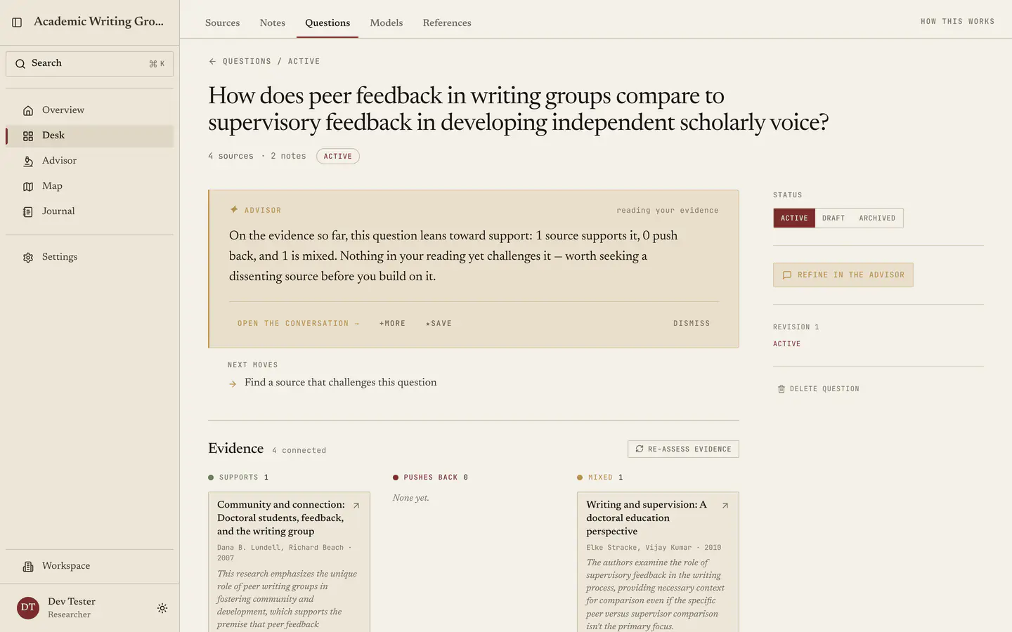 A research question with its linked evidence, advisor reading, status control, and revision history.
