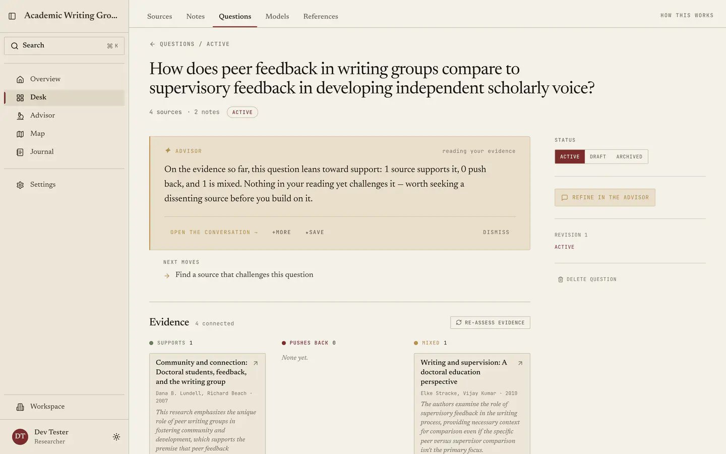 A research question with its linked evidence, advisor reading, status control, and revision history.
