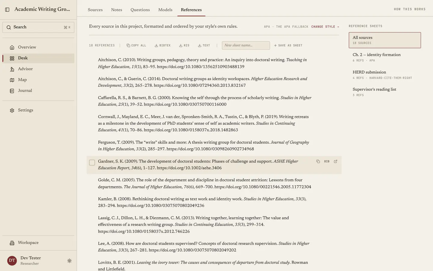The References tab: the whole library formatted in APA down the middle, with named reference sheets and their styles listed on the right.