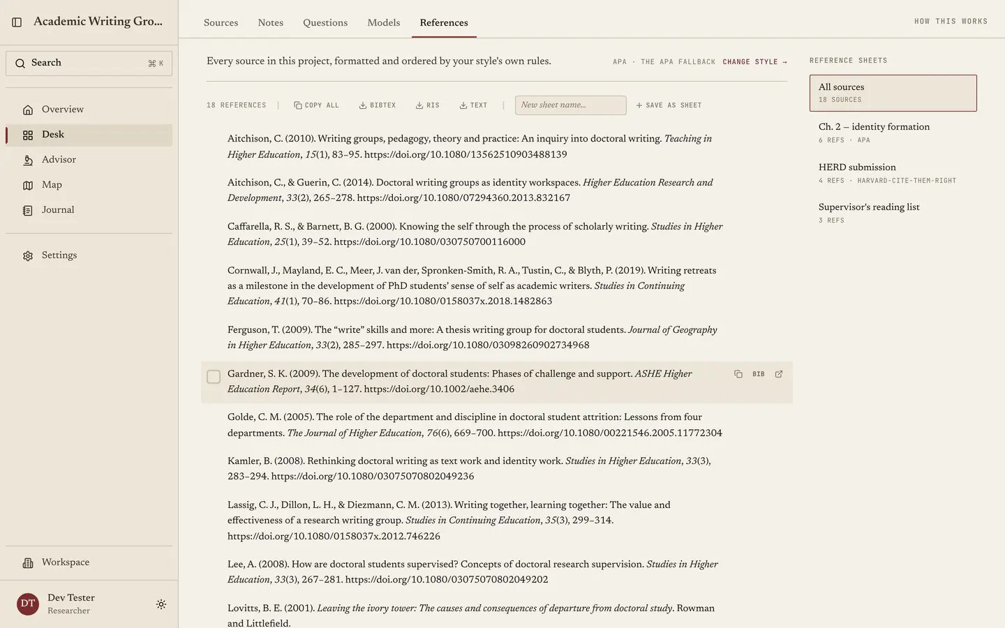 The References tab: the whole library formatted in APA down the middle, with named reference sheets and their styles listed on the right.