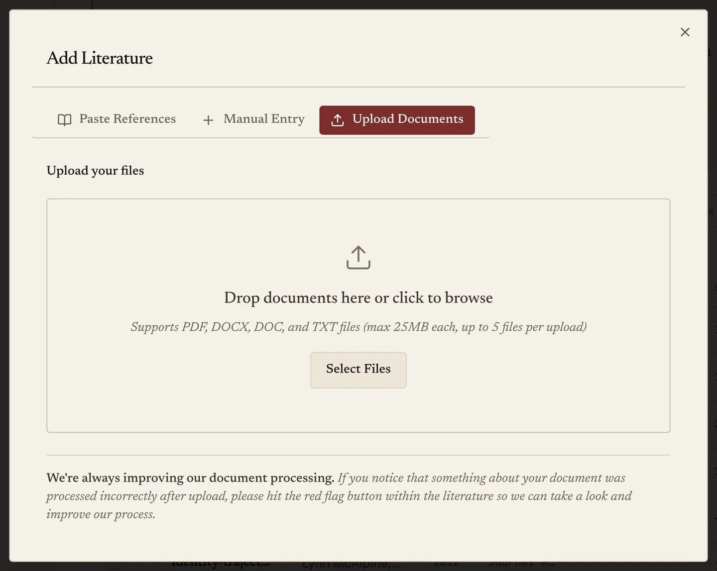 The Add Literature dialog on its Upload Documents tab: a drop target, the accepted file types, and the two other tabs beside it.
