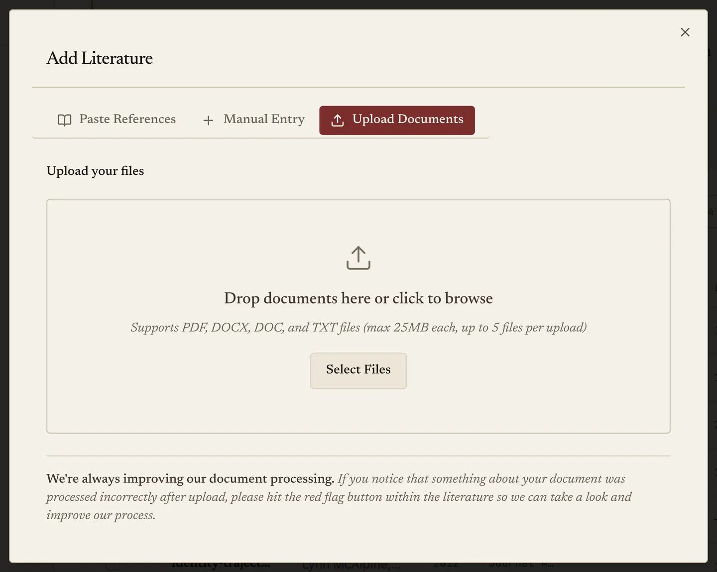 The Add Literature dialog on its Upload Documents tab: a drop target, the accepted file types, and the two other tabs beside it.