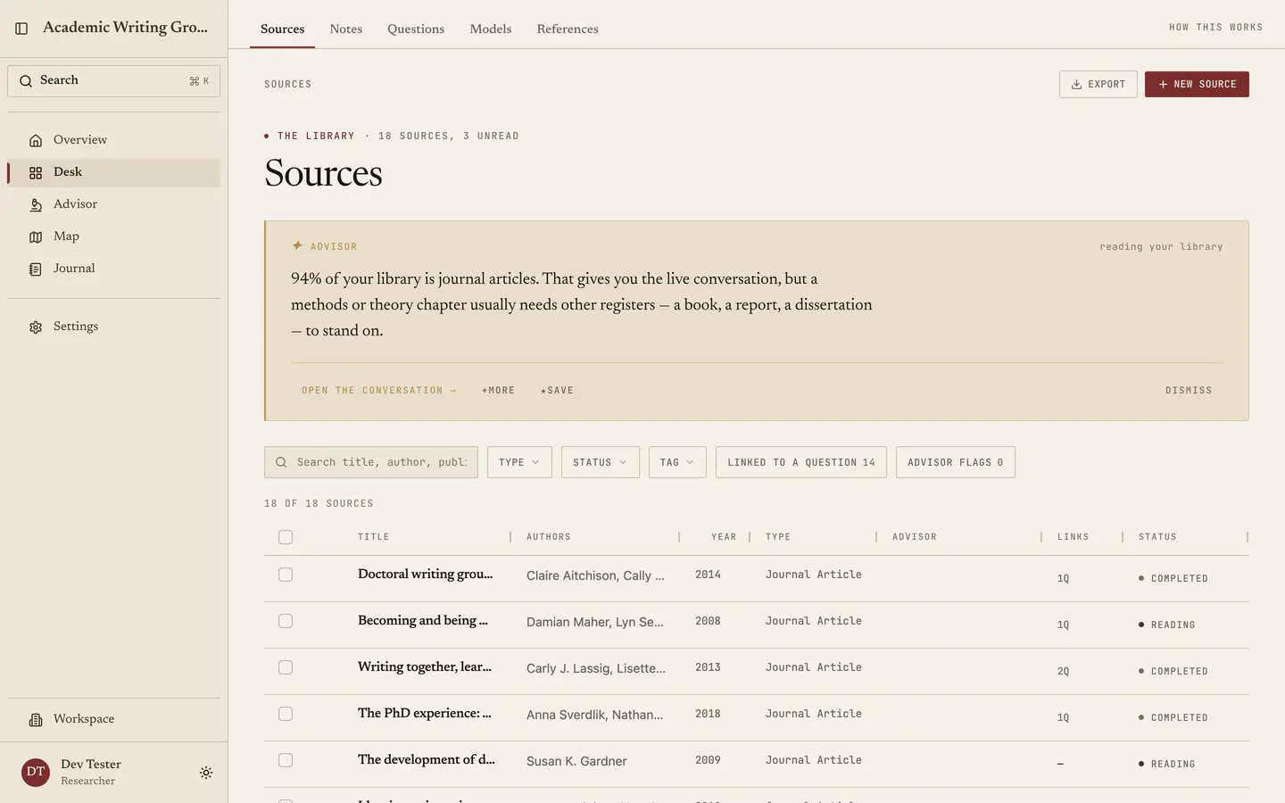 The Sources tab: an advisor reading of the library above the filters, then the source table with reading statuses.