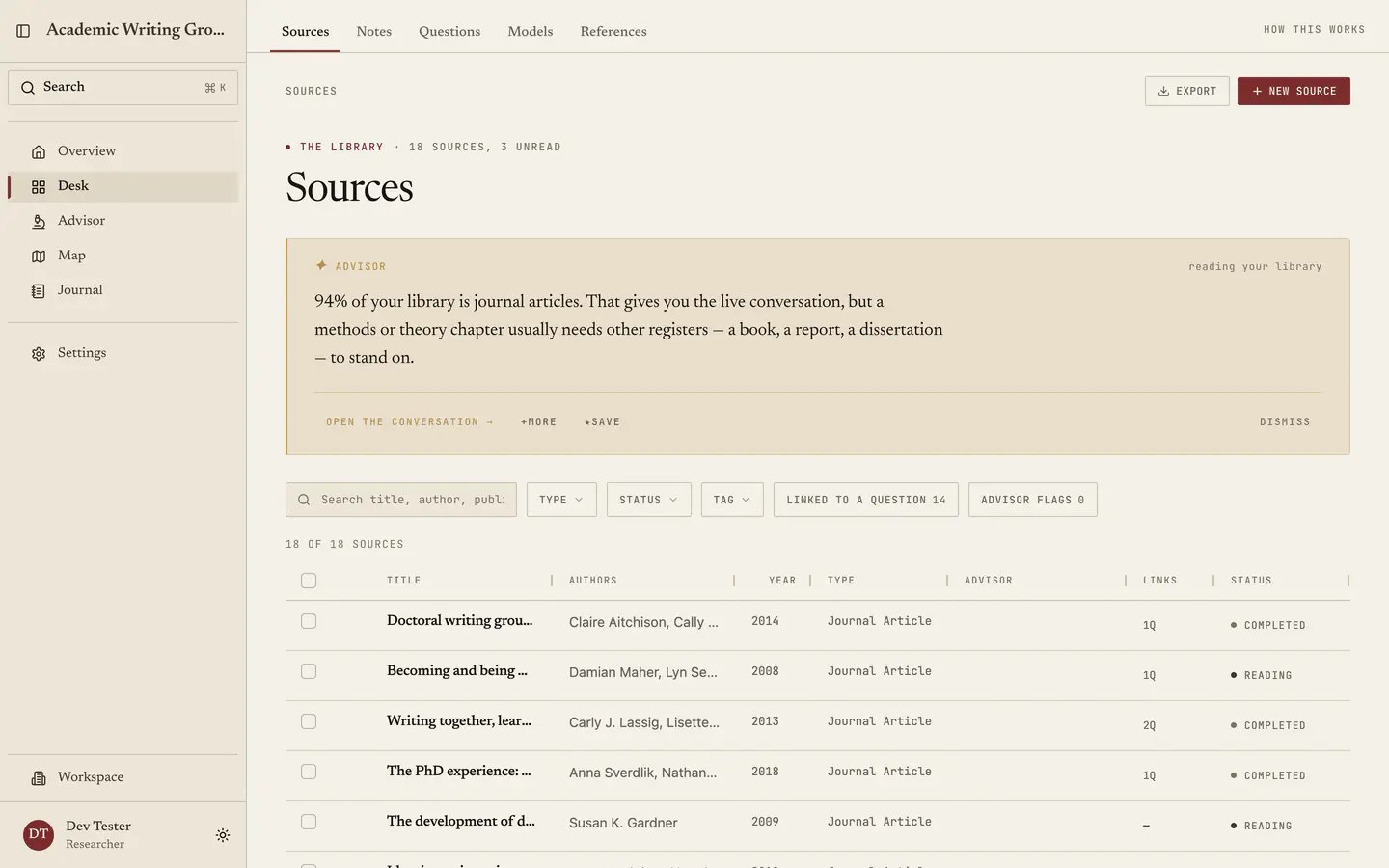 The Sources tab: an advisor reading of the library above the filters, then the source table with reading statuses.