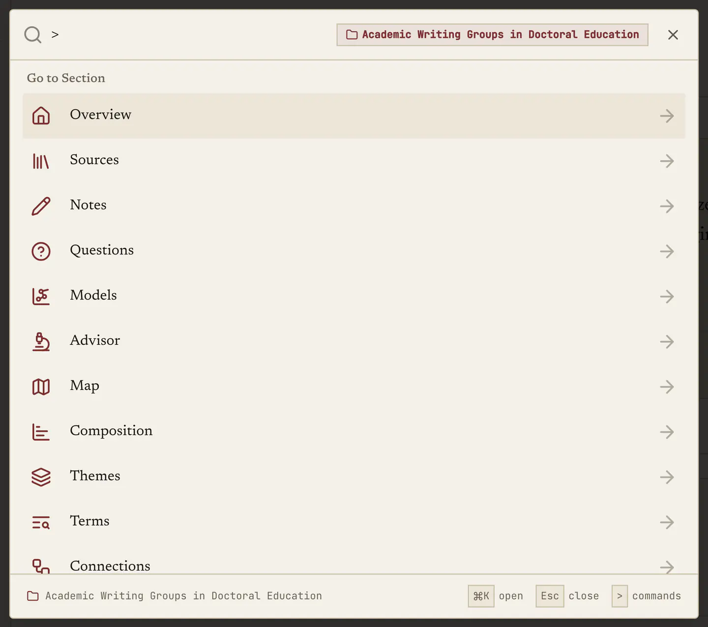 The command palette after typing >, listing every surface in the project with the current project named in the corner.