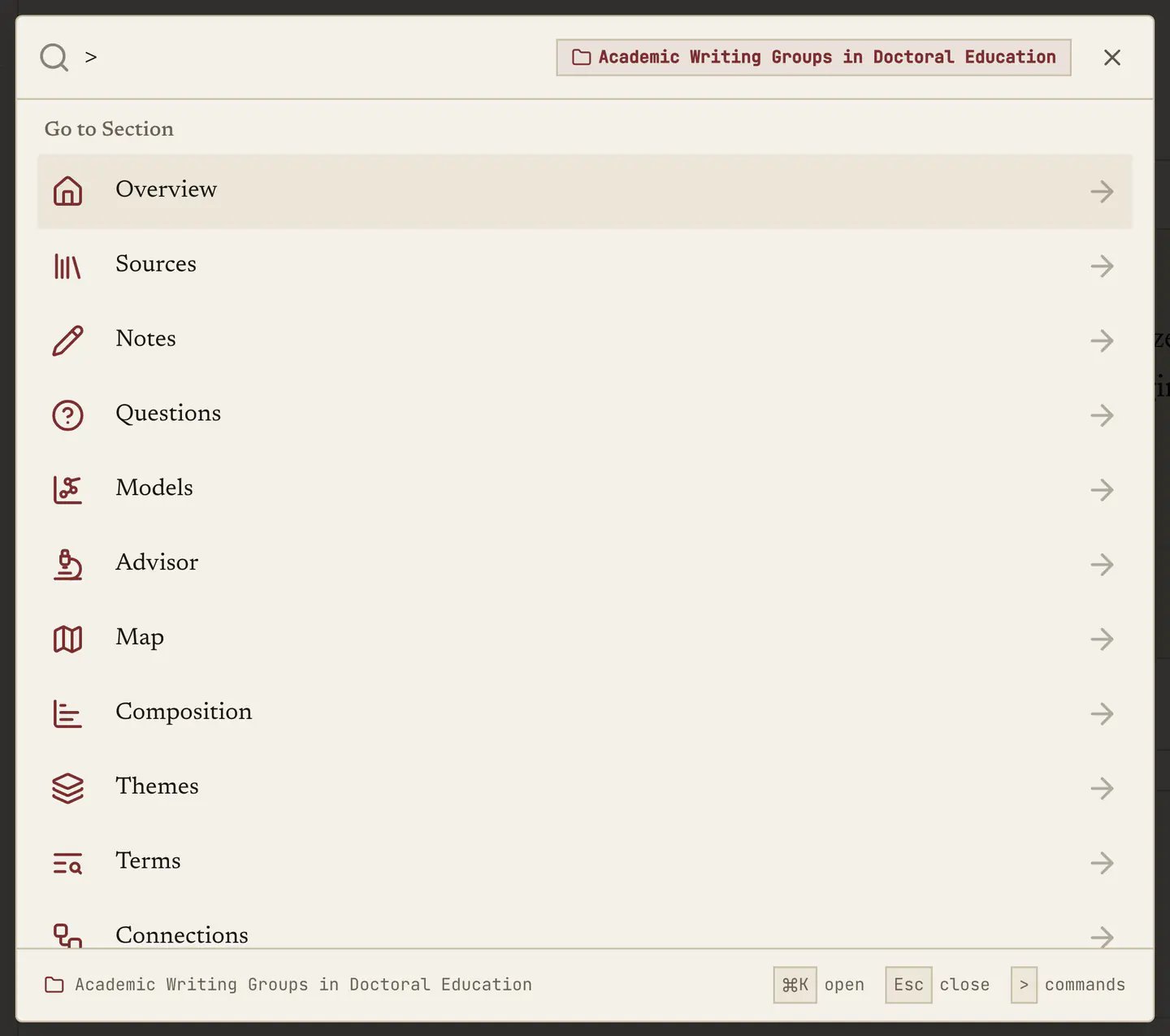 The command palette after typing >, listing every surface in the project with the current project named in the corner.