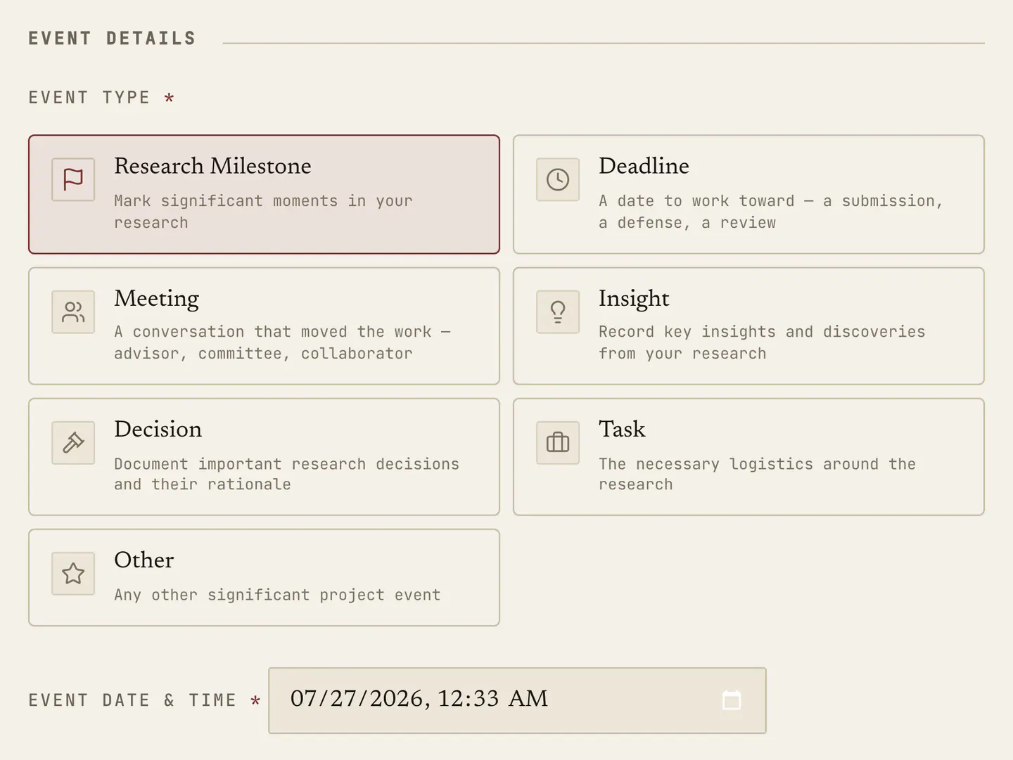 The New entry dialog's type grid: research milestone, deadline, meeting, insight, decision, task and other.
