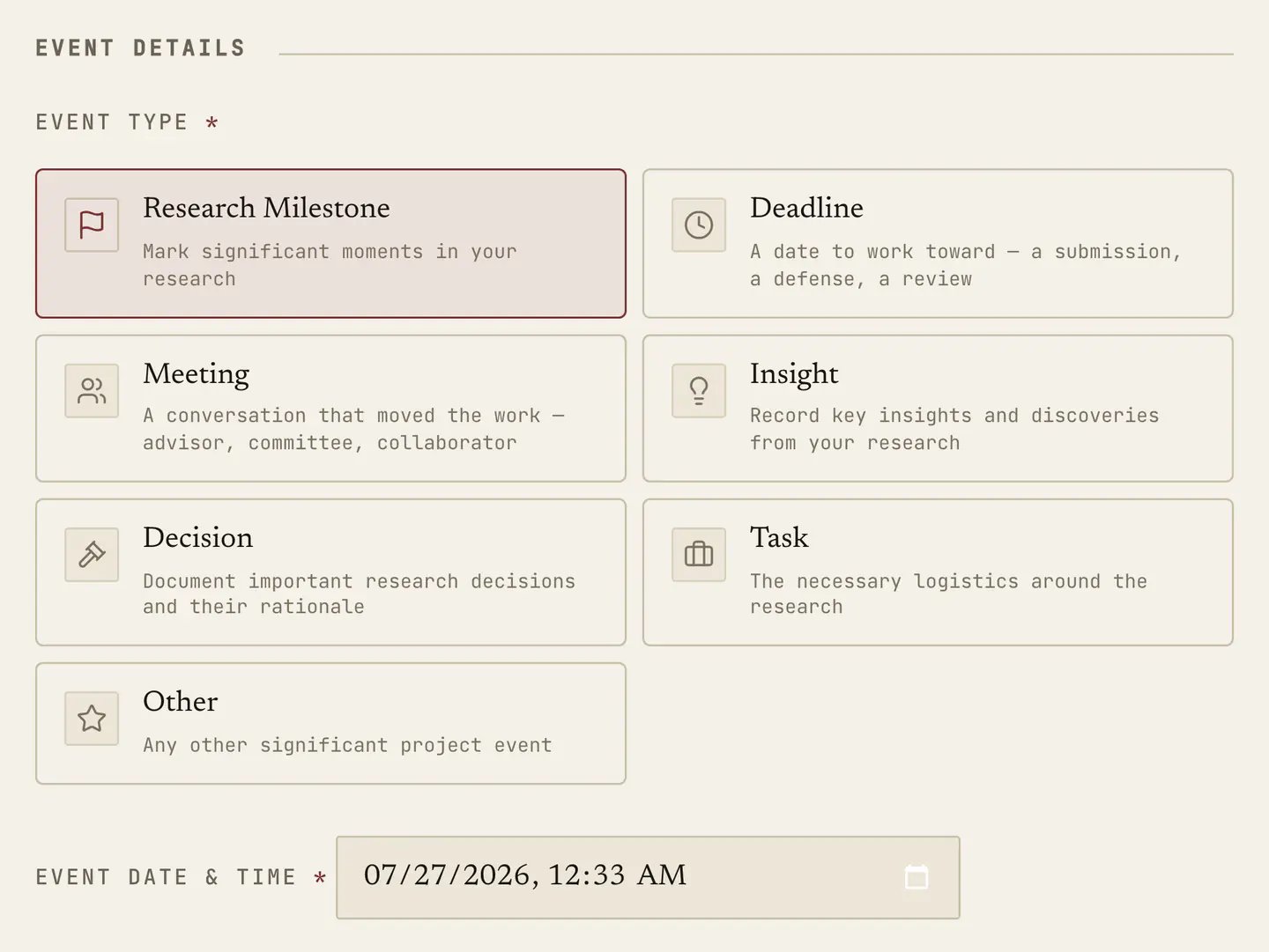 The New entry dialog's type grid: research milestone, deadline, meeting, insight, decision, task and other.