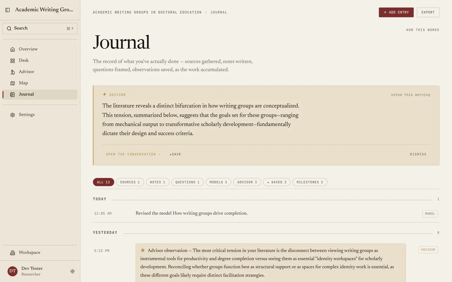 The journal: a day-grouped timeline with filter pills across the top and a starred advisor observation in gold.