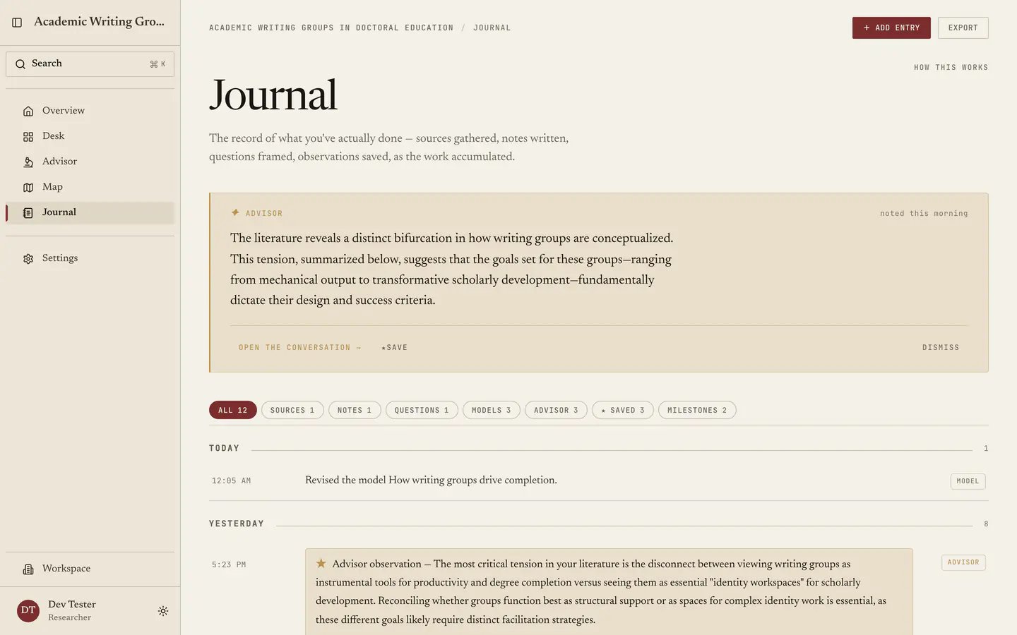 The journal: a day-grouped timeline with filter pills across the top and a starred advisor observation in gold.