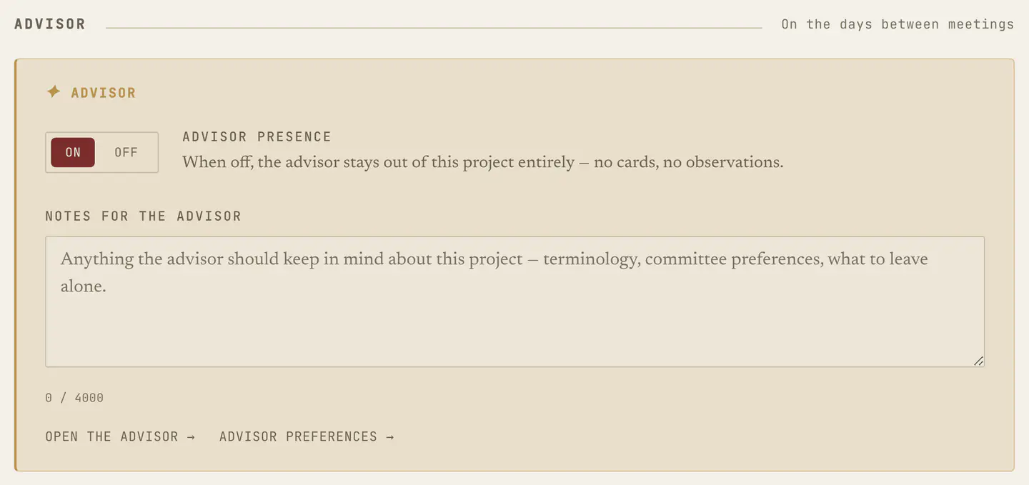 Project settings, Advisor section: an On/Off presence control captioned "On the days between meetings", with the notes field beside it.