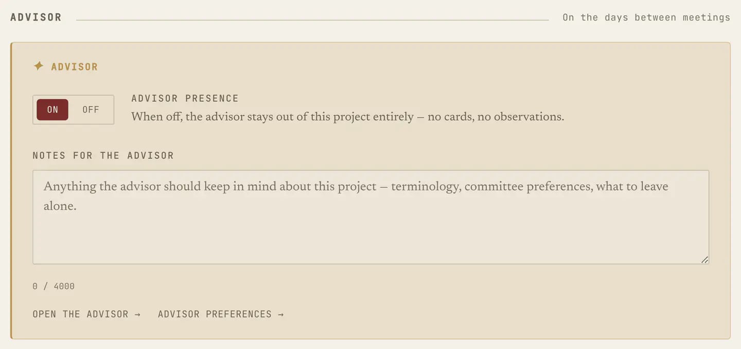 Project settings, Advisor section: an On/Off presence control captioned "On the days between meetings", with the notes field beside it.