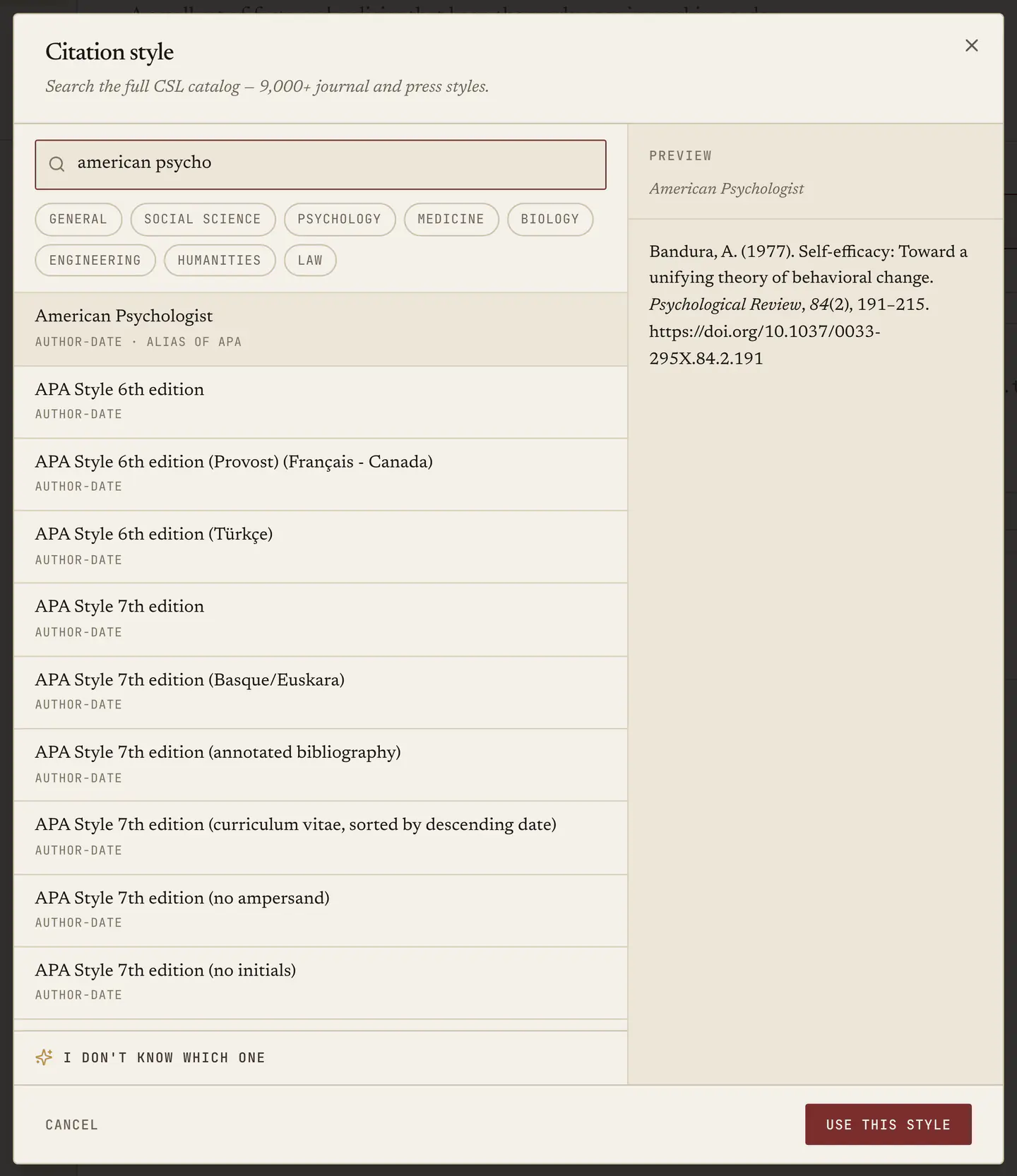 The citation style picker: a search box over the CSL catalogue, discipline filters, and a formatted preview of the highlighted style.