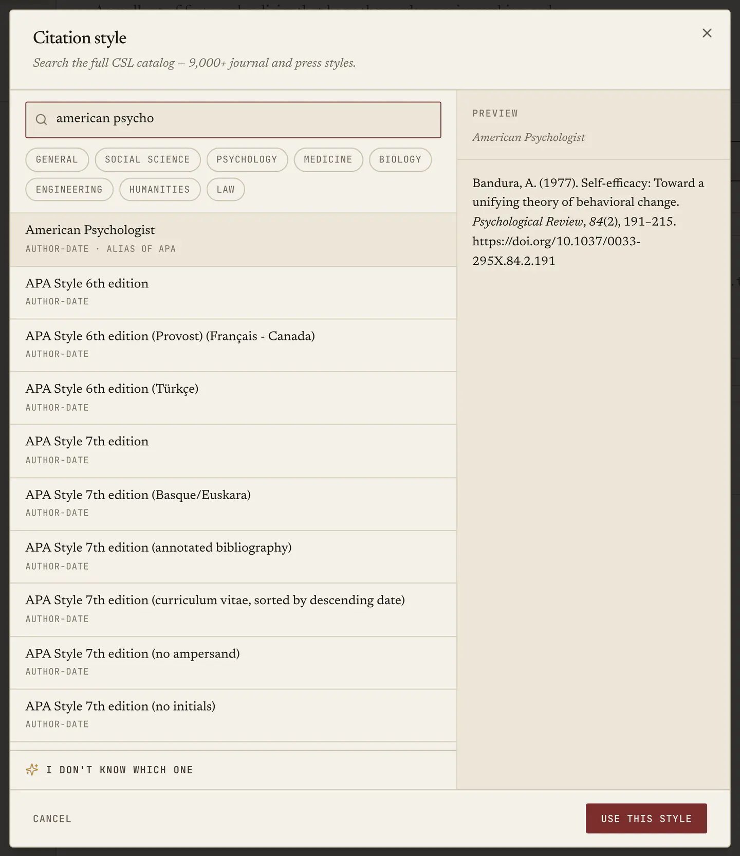 The citation style picker: a search box over the CSL catalogue, discipline filters, and a formatted preview of the highlighted style.