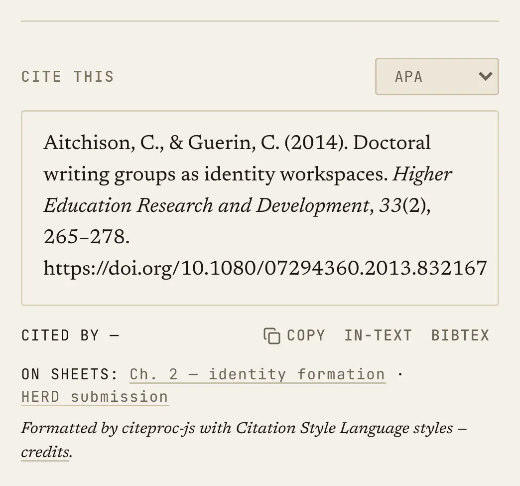 The rail: the five reading statuses, then Cite this with the formatted reference and copy, in-text and BibTeX beneath it.