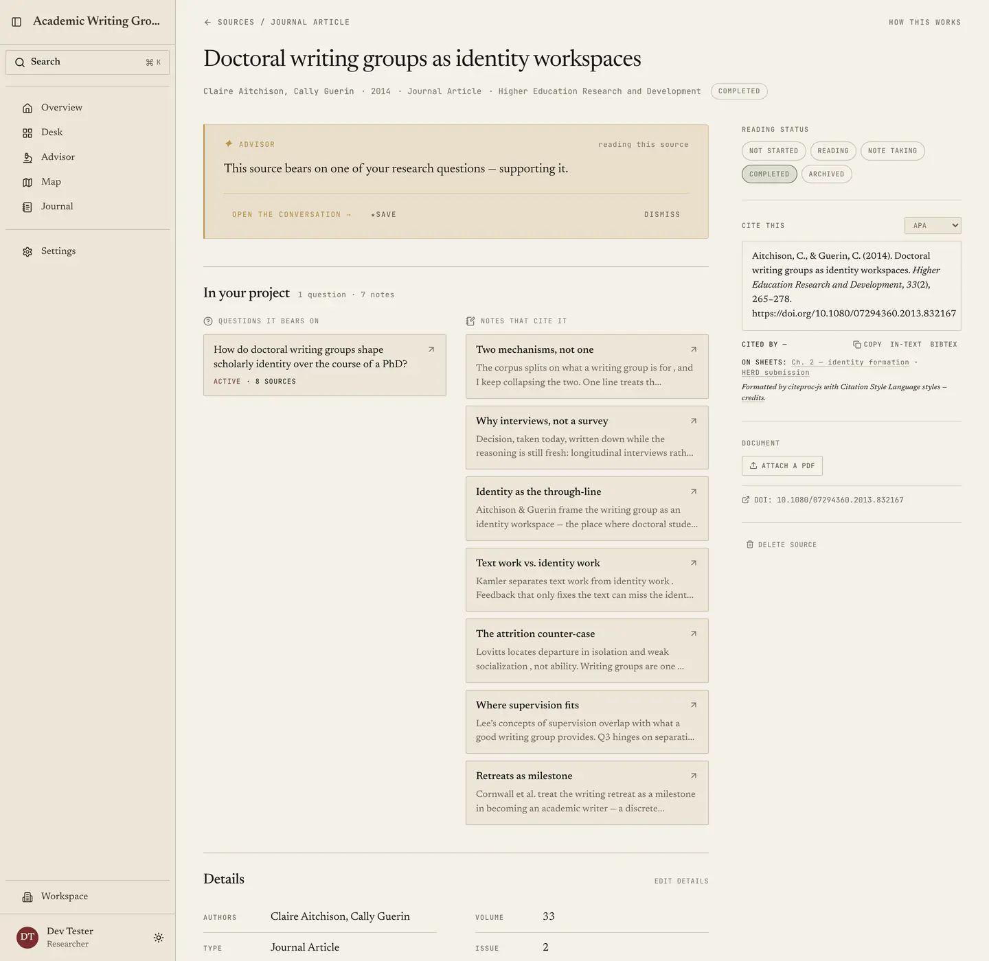 A source's page: the advisor's note on it, then In your project listing the question it bears on and the notes citing it, with the rail alongside.